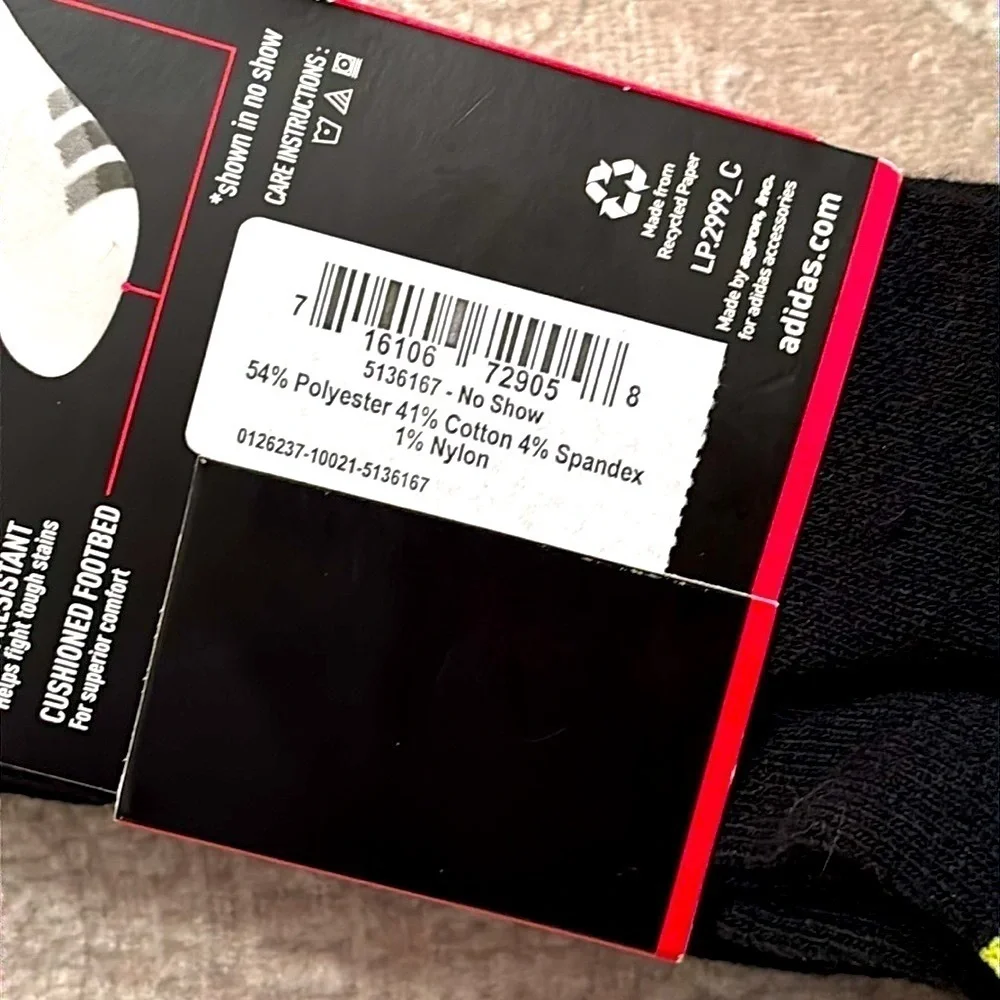 Brand New Adidas 3-Pack Youth Cushioned Climalite No Show Black Socks